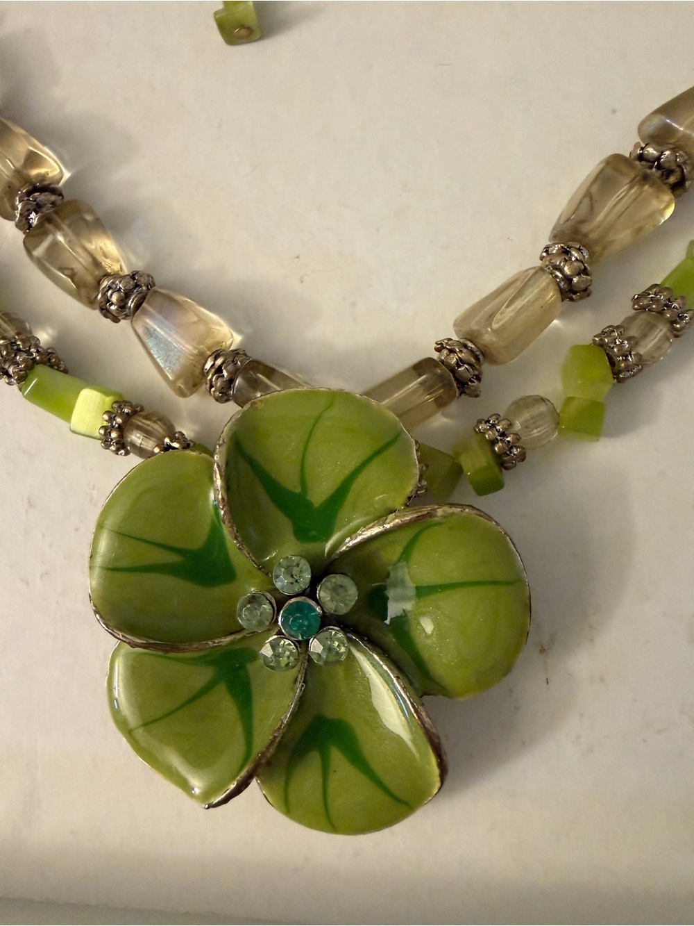 Green Floral Pendant Necklace with Crystal Accents with Earrings